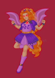 Size: 1500x2100 | Tagged: safe, alternate version, artist:tinypurplebrush, adagio dazzle, equestria girls, g4, belt, boots, clothes, deviantart watermark, dress, evil smile, female, gem, grin, high heel boots, jacket, obtrusive watermark, red background, red eyes take warning, shoes, simple background, siren gem, smiling, solo, spiked wristband, watermark, wristband