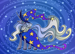 Size: 2551x1832 | Tagged: safe, artist:acura, star swirl the bearded, unicorn, g4, alternate design, beard, facial hair, hat, horn, long horn, male, moustache, solo, stallion, starry background, unshorn fetlocks, wizard hat, wizard robe