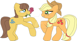 Size: 750x399 | Tagged: safe, artist:izwizzart, applejack, caramel, earth pony, pony, female, flower, male, mare, rose, ship:carajack, shipping, simple background, stallion, straight, transparent background