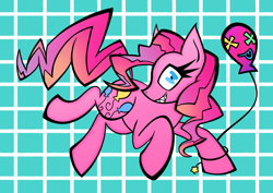 Size: 1540x1088 | Tagged: safe, artist:acura, pinkie pie, earth pony, pony, balloon, female, gradient mane, gradient tail, looking at you, mare, sharp teeth, solo, tail, teeth