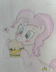 Size: 718x922 | Tagged: safe, artist:elizabethzilla, pinkie pie, earth pony, g4, blushing, burger, eating, food, hamburger, heart, simple background, solo, traditional art, white background