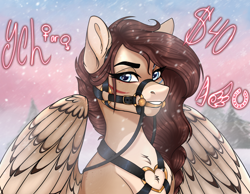 Size: 2056x1597 | Tagged: safe, artist:ondrea, oc, oc:ondrea, pegasus, bit gag, bridle, commission, cute, gag, harness, tack, winter, your character here