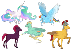 Size: 2941x2039 | Tagged: safe, artist:badass-doctor, flash magnus, princess celestia, rainbow dash, tempest shadow, zephyr breeze, alicorn, pegasus, pony, unicorn, g4, my little pony: the movie, blaze (coat marking), coat markings, crown, eye scar, facial markings, facial scar, female, flying, helmet, hoers, horn, jewelry, male, mare, raised hoof, realistic, realistic anatomy, realistic horse legs, regalia, scar, simple background, socks (coat markings), spread wings, stallion, transparent background, wings