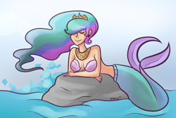 Size: 1000x673 | Tagged: artist needed, safe, princess celestia, mermaid, crossed arms, drawthread, ear piercing, earring, eyebrows, eyebrows visible through hair, eyes closed, female, fish tail, jewelry, lying down, mermaidized, ocean, on a rock, piercing, requested art, rock, signature, solo, species swap, tail, water