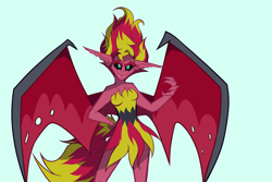 Size: 1920x1280 | Tagged: safe, artist:vitaltoast, sunset shimmer, demon, human, equestria girls, g4, black sclera, colored, fangs, hand on hip, pointed ears, shading, simple background, smiling, smirk, sunset satan