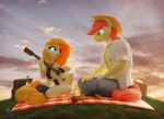 Size: 3840x2800 | Tagged: safe, artist:hooves-art, bright mac, pear butter, anthro, plantigrade anthro, g4, 3d, 4k, apple, barefoot, basket, blender, cloud, duo, feet, female, food, grass, guitar, hat, high res, male, musical instrument, outdoors, pear, this will end in pregnancy