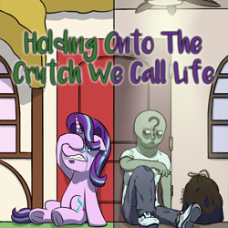 Size: 1920x1920 | Tagged: safe, artist:_butterscotch, starlight glimmer, oc, oc:anon, human, pony, unicorn, g4, bag, ceiling fan, clothes, commission, cover art, crying, door, duo, duo male and female, fan, female, horn, male, rooftop, trash bag, window