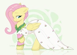 Size: 1795x1284 | Tagged: safe, artist:shmel, flutterholly, fluttershy, pegasus, pony, a hearth's warming tail, g4, my little pony: friendship is magic, season 6, abstract background, clothes, cute, dress, female, green background, looking down, mare, shyabetes, simple background, smiling, solo