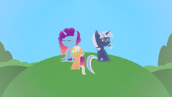 Size: 1920x1080 | Tagged: safe, artist:carrotorangelight, misty brightdawn, peach fizz, oc, oc:bluebright cobalt, pony, g5, colored, hill, pippsqueaks, pointy ponies