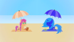 Size: 1920x1080 | Tagged: safe, artist:carrotorangelight, parasol, sunny starscout, oc, oc:dream star, pony, g4, g5, beach, book, braid, braided ponytail, colored, day, drink, long mane, long tail, lying down, outdoors, pointy ponies, ponytail, prone, reading, smoothie, sunbathing, tail, umbrella, windswept mane