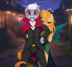 Size: 1200x1125 | Tagged: safe, artist:miniferu, alicorn, earth pony, anthro, clothes, costume, dracula, female, halloween, holiday, male, my little pony, queen chrisalis