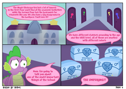 Size: 4960x3508 | Tagged: safe, artist:sweetielover, spike, dragon, comic:scales at school, g4, absurd resolution, building, comic, dialogue, diaper, diaper package, door, logo, male, school, solo, webcomic