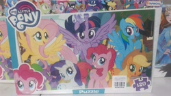 Size: 4608x2592 | Tagged: safe, applejack, fluttershy, pinkie pie, rainbow dash, rarity, spike, twilight sparkle, alicorn, dragon, earth pony, pegasus, unicorn, g4, female, horn, irl, male, mane seven, mane six, photo, puzzle