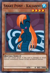 Size: 813x1185 | Tagged: safe, artist:badumsquish, derpibooru exclusive, oc, oc only, oc:kalianne, lamia, original species, g4, card, card game, ccg, coils, effect monster card, fangs, female, happy, harmless, long mane, mare, monster card, open mouth, open smile, prehensile tail, show accurate, smiling, solo, squee, tail, tail hold, trading card, yu-gi-oh!, yugioh card