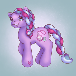 Size: 1200x1200 | Tagged: safe, artist:smile-files, earth pony, pony, g3, braid, female, full body, grin, lavender locket, mare, multicolored mane, multicolored tail, purple coat, raised hoof, smiling, soft shading, solo, tail, teeth