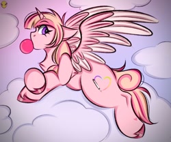 Size: 1200x1000 | Tagged: safe, artist:namelessplaza, alicorn, pony, bubblegum, cloud, female, food, gum, lying down, solo, wings