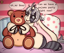 Size: 1200x1000 | Tagged: safe, artist:namelessplaza, pony, pillow, plushie, solo, speech bubble, teddy bear