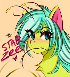 Size: 767x846 | Tagged: safe, artist:namelessplaza, oc, oc only, oc:starzie, alien, alien pony, pony, blushing, bust, female, heart, portrait, solo, solo female