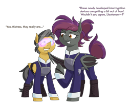 Size: 3190x2596 | Tagged: safe, artist:moonatik, oc, oc only, oc:anneal, oc:moon sparks, bat pony, pegasus, pony, bat pony oc, boots, clothes, female, hypnogear, hypnogoggles, hypnosis, hypnotized, male, mare, military uniform, pegasus oc, ponytail, shoes, stallion, tail, tail bun, uniform, wing to chin