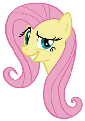 Size: 864x1224 | Tagged: safe, artist:issyrael, fluttershy, pegasus, pony, g4, 2011, always works, bust, dreamworks face, eyebrows, female, fluttershy is best facemaker, grin, looking at you, mare, portrait, raised eyebrow, simple background, smiling, solo, transparent background, vector