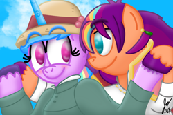 Size: 1800x1200 | Tagged: safe, artist:jesslmc16, izzy moonbow, sunny starscout, earth pony, pony, unicorn, g5, blushing, clothes, cloud, crossover, duo, duo female, ear piercing, earring, female, hat, horn, howl's moving castle, izzy rainbow, jewelry, lesbian, lidded eyes, looking at each other, looking at someone, mane stripe sunny, mare, necklace, piercing, raised hoof, scene interpretation, ship:moonscout, shipping, signature, simple background, sky, smiling, smiling at each other, studio ghibli