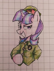 Size: 3137x4096 | Tagged: safe, artist:mirio_p2, starlight glimmer, unicorn, g4, clothes, donal morder, half body, hand up, horn, metal slug, military uniform, reference, smiling, solo, traditional art, uniform