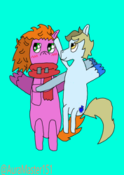 Size: 2480x3508 | Tagged: safe, artist:auramaster151, oc, oc only, oc:aura star, oc:shell spin, pegasus, pony, beginner artist, blonde mane, blonde tail, blue background, blue coat, blushing, boyfriend and girlfriend, clothes, couple, cuddling, cute, cutie mark, cyan background, female, glasses, green eyes, holding hooves, hooves, krita, looking away, male, mare, orange mane, orange tail, pegasus oc, pink coat, red scarf, scarf, shy, simple background, spread wings, stallion, tail, wings, yellow eyes