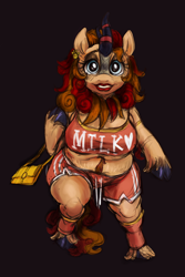 Size: 2986x4460 | Tagged: safe, artist:gothicgalaxies, oc, oc:pixel cache, kirin, anthro, ankle cuffs, bag, belly, bra, chubby, clothes, cuffs, fat, female, handbag, happy, hooves, jewelry, kirin oc, lipstick, looking at you, mare, milf, obese, rule 63, shorts, simple background, smiling, smiling at you, solo, solo female, stretchmarks, underwear, walking