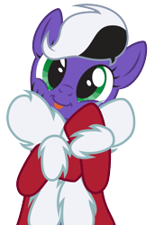 Size: 803x1170 | Tagged: safe, artist:lightning stripe, derpibooru exclusive, oc, oc only, oc:lightning stripe, earth pony, pony, 2019, 2023, 2024, black, black and white mane, black hair, black mane, christmas, clothes, costume, cute, eyelashes, face paint, female, front view, green, green eyes, hearth's warming, holiday, mare, ocbetes, purple, purple coat, santa costume, show accurate, simple background, solo, stripes, transparent background, two toned mane, vector, white