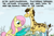 Size: 1800x1200 | Tagged: safe, artist:hoofclid, fluttershy, giraffe, pegasus, pony, g4, clothes, duo, duo male and female, female, giraffe oc, male, mare, outdoors, smiling, stockings, text, thigh highs