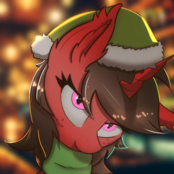 Size: 2000x2000 | Tagged: safe, artist:skylarty, oc, oc only, bat pony, changeling, pony, bat pony oc, beanie, changeling hybrid, changeling oc, christmas, clothes, hat, holiday, icon, scarf, solo