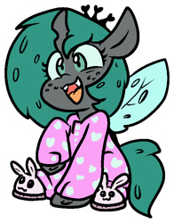 Size: 565x719 | Tagged: safe, alternate version, artist:zutcha, queen chrysalis, changeling, changeling queen, g4, bunny slippers, clothes, cute, cutealis, freckles, heart print, open mouth, open smile, pajamas, raised hoof, simple background, slippers, smiling, solo, white background