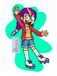 Size: 1560x2080 | Tagged: safe, artist:garybaldor, sunny starscout, human, equestria girls, g4, g5, clothes, cutie mark on clothes, equestria girls-ified, g5 to equestria girls, g5 to g4, generation leap, jacket, long socks, mane stripe sunny, open mouth, open smile, raised hand, roller skates, shirt, shorts, signature, skates, smiling, socks, solo, sunny starscout's cutie mark