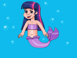 Size: 1192x910 | Tagged: safe, artist:ocean lover, twilight sparkle, human, mermaid, g4, bandeau, bare midriff, bare shoulders, belly, belly button, bubble, child, cute, excited, excitement, exploring, fins, fish tail, happy, humanized, light skin, long hair, looking at something, mermaid tail, mermaidized, midriff, ms paint, nerd, ocean, open mouth, purple eyes, sleeveless, species swap, swimming, tail, tail fin, three toned hair, twiabetes, underwater, water, young, young twilight, younger