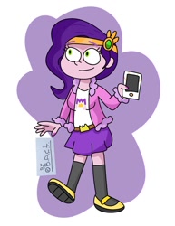 Size: 792x1024 | Tagged: safe, artist:garybaldor, pipp petals, human, equestria girls, g4, g5, cellphone, clothes, cutie mark on clothes, diadem, equestria girls-ified, g5 to equestria girls, g5 to g4, generation leap, jacket, jewelry, long socks, looking up, phone, pink nail polish, pipp petals' cutie mark, pipp's phone, regalia, shirt, shoes, signature, skirt, smartphone, solo