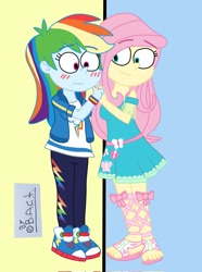 Size: 761x1024 | Tagged: safe, artist:garybaldor, fluttershy, rainbow dash, human, equestria girls, g4, my little pony equestria girls: better together, blush lines, blushing, clothes, converse, dress, duo, duo female, female, holding hands, jacket, lesbian, pants, ship:flutterdash, shipping, shirt, shoes, solo, wristband