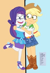 Size: 715x1040 | Tagged: safe, artist:garybaldor, applejack, rarity, human, equestria girls, g4, my little pony equestria girls: better together, applejack's hat, blue nail polish, boots, clothes, cowboy hat, duo, duo female, female, hat, hug, lesbian, open mouth, open smile, raised leg, ship:rarijack, shipping, shirt, shoes, signature, skirt, smiling