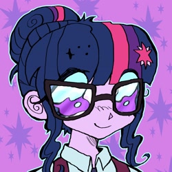 Size: 3120x3120 | Tagged: safe, artist:larvaecandy, sci-twi, twilight sparkle, equestria girls, g4, bangs, big eyes, bust, clothes, collared shirt, colored sclera, commission, curly eyelashes, cutie mark accessory, cutie mark background, cutie mark hair accessory, eye clipping through hair, eyelashes, female, glasses, hair accessory, hair bun, hairclip, high res, icon, looking at you, no pupils, outline, patterned background, profile picture, purple eyes, purple sclera, purple skin, shirt, sidebangs, smiling, smiling at you, solo, three toned hair, tied hair, two toned background, wingding eyes