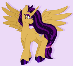 Size: 3734x3384 | Tagged: safe, artist:pearlyiridescence, oc, oc only, alicorn, pony, alicorn oc, ear piercing, eyeliner, female, hoof shoes, horn, makeup, mare, piercing, smiling, solo, wavy mane, wings