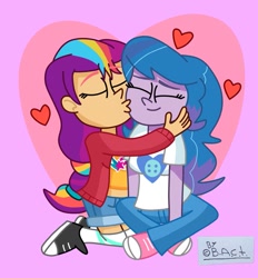 Size: 949x1024 | Tagged: safe, artist:garybaldor, izzy moonbow, sunny starscout, human, equestria girls, g4, g5, cheek kiss, clothes, converse, cutie mark on clothes, duo, duo female, equestria girls-ified, eyes closed, female, floating heart, g5 to equestria girls, g5 to g4, generation leap, hand on face, heart, heart background, izzy moonbow's cutie mark, jacket, kissing, kneeling, lesbian, mane stripe sunny, pants, ship:moonscout, shipping, shirt, shoes, shorts, sitting, smiling, sunny starscout's cutie mark