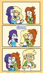 Size: 1210x2048 | Tagged: safe, artist:garybaldor, applejack, autumn blaze, rarity, human, equestria girls, g4, 3 panel comic, applejack gets all the mares, applejack is best facemaker, arms, breasts, bust, clothes, comic, crossed arms, equestria girls-ified, eyes closed, female, fingers, freckles, grin, hand, hand on hip, happy, kiss on the lips, kissing, lesbian, lidded eyes, long hair, looking at you, lucky bitch, meme, polyamory, ponified meme, ponytail, rarity gets all the mares, ship:autumnjack, ship:autumnrarijack, ship:rariblaze, ship:rarijack, shipping, shirt, smiling, smug smile, smugjack, squint, standing, teeth, thumbs up, trio, trio female