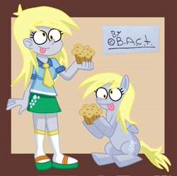 Size: 2048x2042 | Tagged: safe, artist:garybaldor, derpy hooves, human, pegasus, pony, equestria girls, g4, clothes, duo, duo female, female, folded wings, food, human ponidox, mare, muffin, necktie, passepartout, raised hooves, self paradox, self ponidox, shirt, signature, sitting, skirt, smiling, socks, tail, that pony sure does love muffins, tongue out, wings