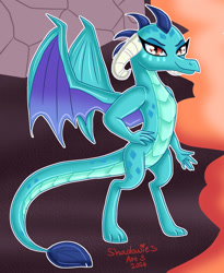 Size: 1638x2000 | Tagged: safe, artist:shadowiesart, princess ember, dragon, g4, dragoness, female, hand on hip, lava, rock, solo, standing, tail, wings