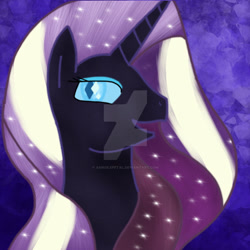 Size: 1024x1024 | Tagged: safe, artist:asinglepetal, nightmare rarity, rarity, pony, unicorn, g4, amethyst background, bust, crystal background, darkened coat, deviantart watermark, diamond pupils, eyeshadow, female, horn, ipad, makeup, mare, nightmarified, obtrusive watermark, open mouth, peytral, procreate, procreate app, slit pupils, solo, solo female, starry hair, tumblr:a rarity of a nightmare, tumblr:ask nightmare rarity, watermark, white stripes