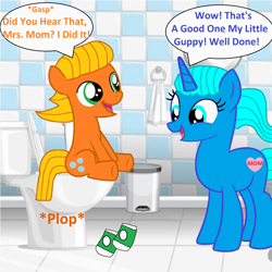 Size: 2016x2016 | Tagged: safe, artist:memeartboi, earth pony, pony, unicorn, g4, bathroom, but why, clothes, colt, darwin watterson, duo, duo male and female, excited, eyes open, female, foal, gasp, gasping, heart, heart cutiemark, horn, implied poop, implied pooping, indoors, male, mare, mom, mother, mother and child, mother and son, motherly, nicole watterson, open mouth, open smile, plop, ponified, potty, potty training, sitting, sitting on toilet, smiling, socks, speech bubble, standing, text, the amazing world of gumball, toilet, toilet humor, trash can, unicorn horn