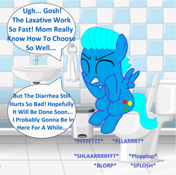 Size: 3088x3080 | Tagged: safe, artist:memeartboi, pegasus, pony, g4, bathroom, but why, colt, eyes closed, foal, gritted teeth, grunt, grunting, gumball watterson, imminent flush, implied diarrhea, implied farting, implied pooping, indoors, male, onomatopoeia, pain, pegasus wings, ponified, pushing, sink, sitting, sitting on toilet, solo, sound effects, speech bubble, spread wings, struggle, struggling, suffering, teeth, text, the amazing world of gumball, toilet, toilet humor, trash can, ugh, uncomfortable, wings