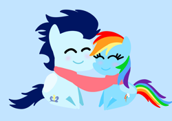 Size: 3553x2499 | Tagged: safe, anonymous artist, derpibooru exclusive, rainbow dash, soarin', pegasus, pony, series:soarindash all seasons, series:soarindash winter, blushing, clothes, eyes closed, female, male, mare, pointy ponies, scarf, shared clothing, shared scarf, ship:soarindash, shipping, smiling, stallion, straight