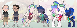 Size: 4758x1764 | Tagged: safe, artist:axiomtf, princess celestia, princess luna, alicorn, human, pony, between dark and dawn, g4, my little pony: friendship is magic, clothes, crooked glasses, duo, female, flower, glasses, hawaiian shirt, high res, human male, human to pony, male, male to female, mare, royal sisters, rule 63, shirt, siblings, sisters, t-shirt, transformation, transformation sequence, transforming clothes, transgender transformation, wings