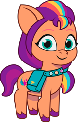 Size: 1462x2274 | Tagged: safe, sunny starscout, earth pony, pony, g5, my little pony: tell your tale, official, .ai available, badge, female, filly, filly sunny starscout, fluttershy's cutie mark, foal, mane stripe sunny, rainbow dash's cutie mark, simple background, smiling, solo, sunny's bag, transparent background, twilight sparkle's cutie mark, unshorn fetlocks, vector, younger