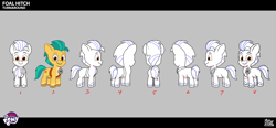 Size: 3440x1598 | Tagged: safe, hitch trailblazer, earth pony, pony, g5, my little pony: tell your tale, official, .psd available, colt, colt hitch trailblazer, concept art, foal, male, sheriff's badge, smiling, solo, turnaround, unshorn fetlocks, younger